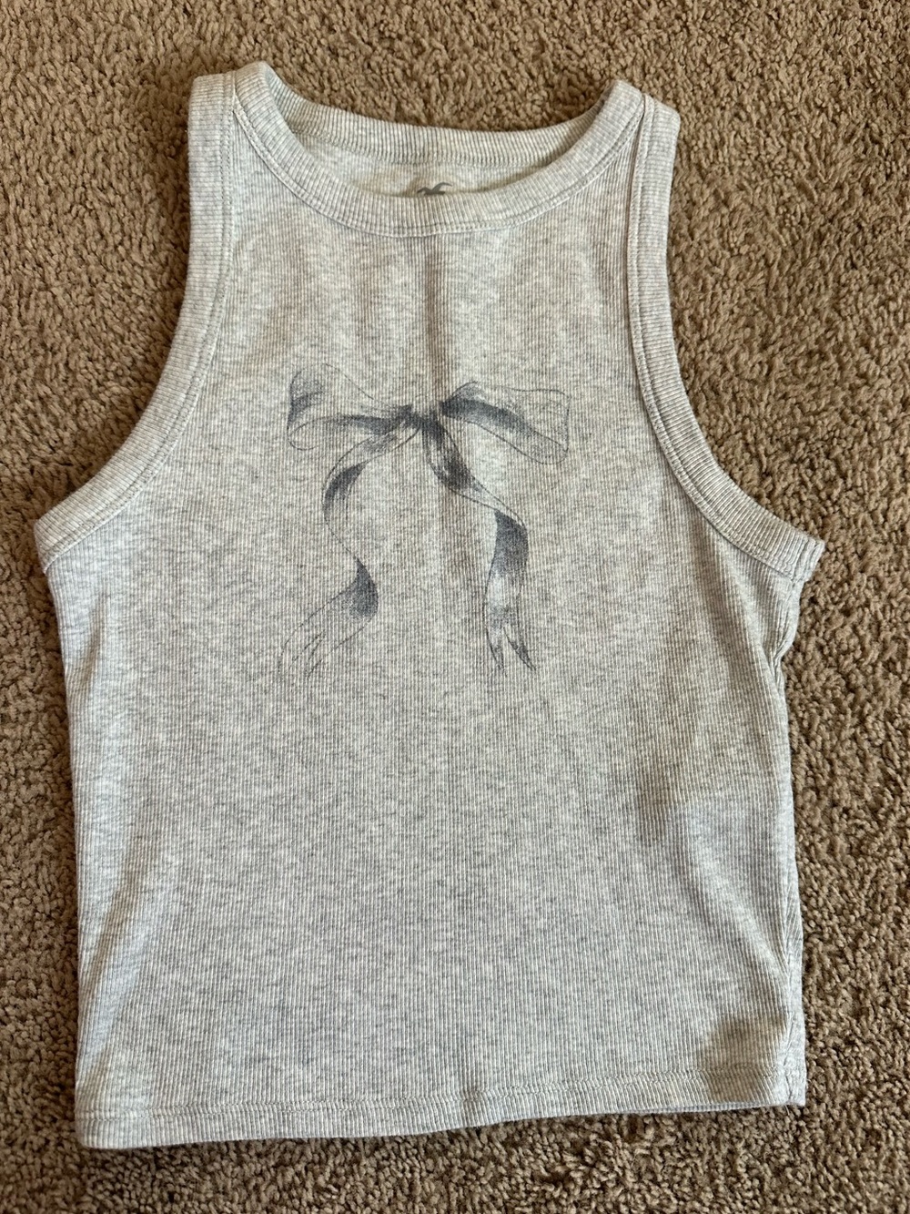 Hollister Gray Ribbed Tank Top with Bow Graphic.
